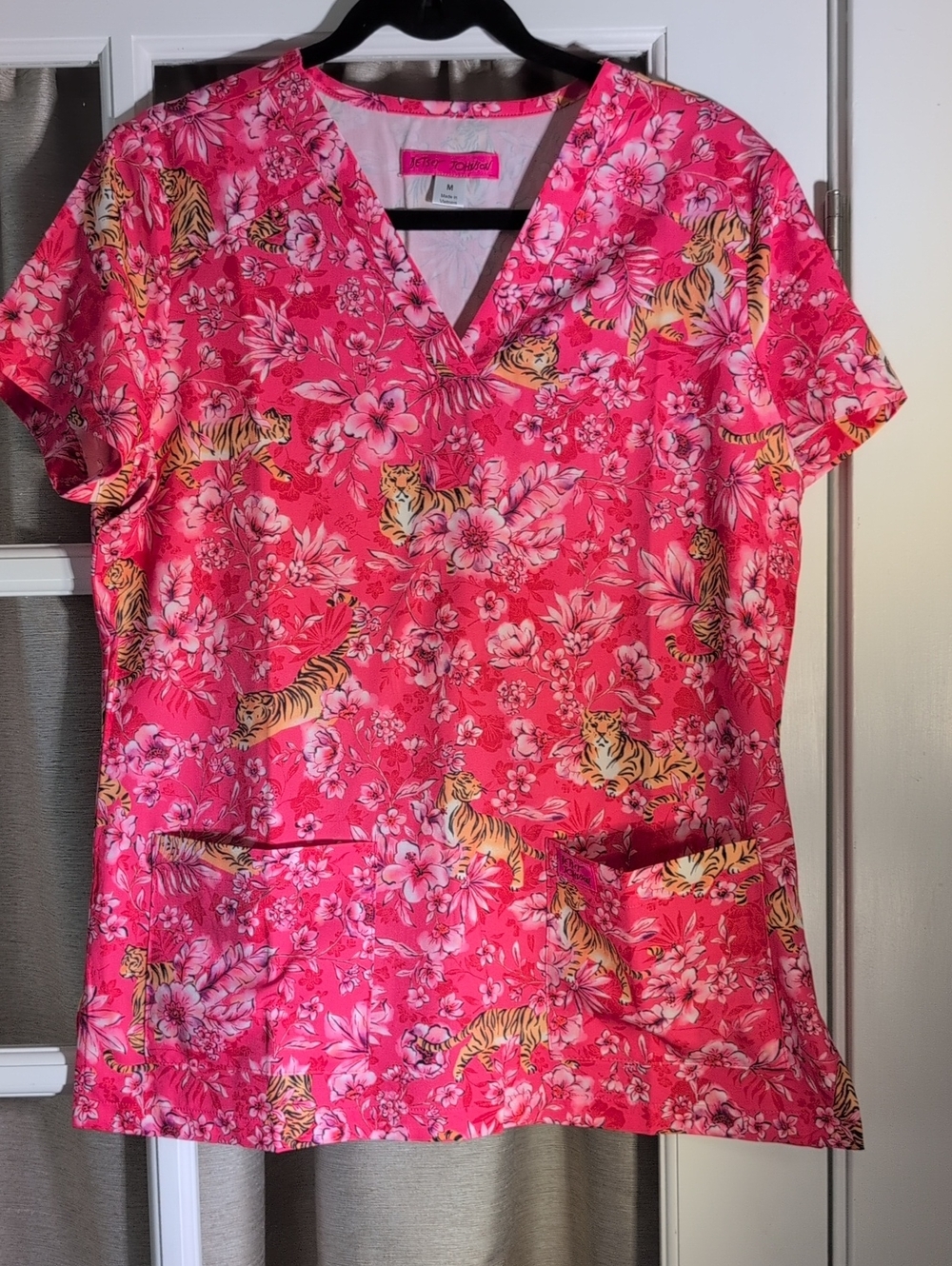 Betsy Johnson Hot Pink Floral & Tiger Print V-Neck Scrub Top